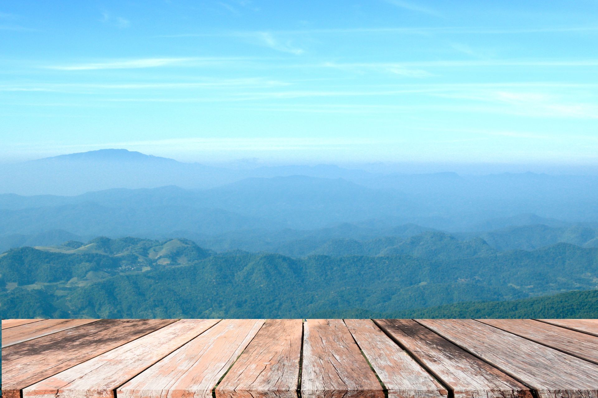 Wooden table top on mountain blur background image, for product display montage